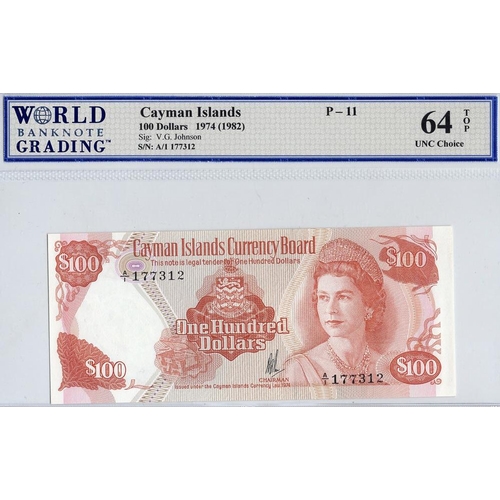 743 - Cayman Islands 100 Dollars dated 1974 (issued 1982), portrait Queen Elizabeth II at right, serial A/... 