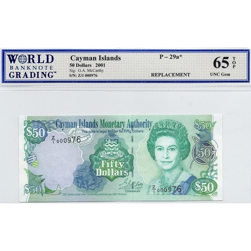 745 - Cayman Islands 50 Dollars dated 2001, scarce REPLACEMENT note serial Z/1 000976, portrait Queen Eliz... 