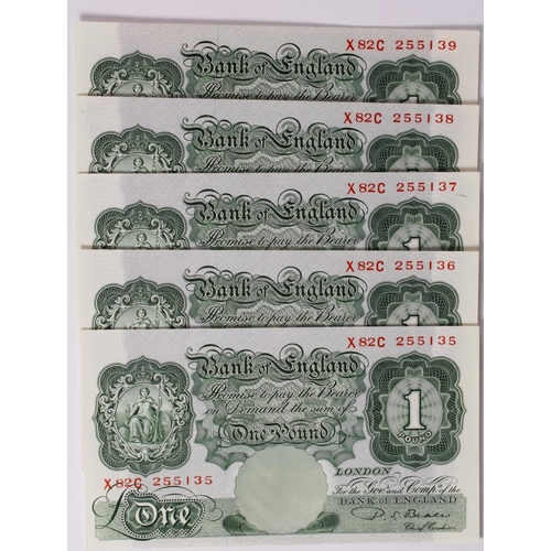 93 - Beale 1 Pound (5) issued 1950, a consecutively numbered run of 5 x notes, serial X82C 255135 - X82C ... 