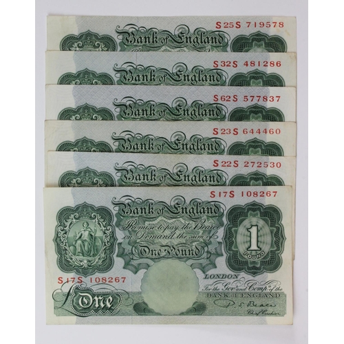 94 - Beale 1 Pound (6) issued 1950, a collection of REPLACEMENT notes, prefixes S17S, S22S, S23S, S25S, S... 