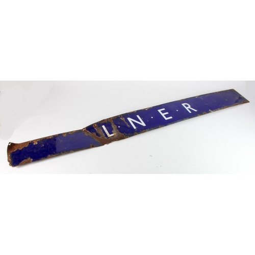 622 - Advertising. A blue & white enamel sign 'L.N.E.R' (London North Eastern Railway), worn, 136cm x 14.5... 