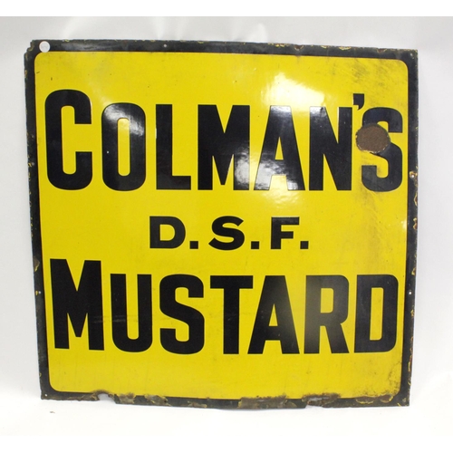 625 - Advertising. A large blue & yellow enamel sign 'Colmans D.S.F. Mustard', some loss, 97cm x 90cm appr... 