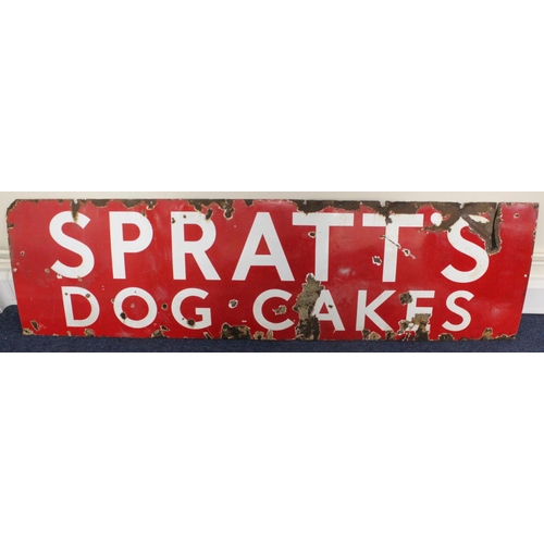 627 - Advertising. A red & white enamel sign 'Spratt's Dog Cakes', worn with some loss, 178cm x 50cm appro... 