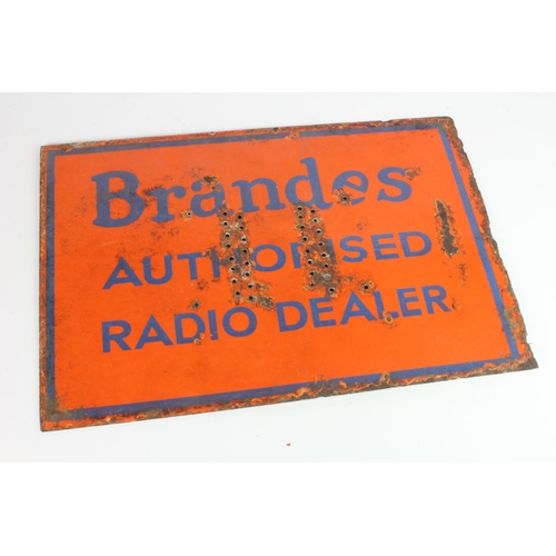 629 - Advertising. An orange & blue double-sided enamel sign 'Brandes Authorised Radio Dealer', worn (the ... 