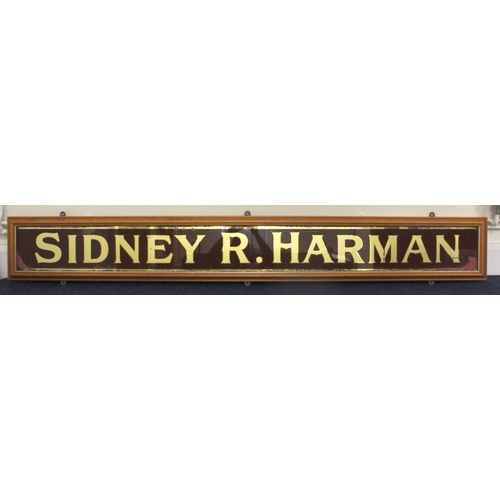 630 - Advertising. An original red & gold glass advertising sign 'Sidney R. Harman', some loss, 200cm x 19... 