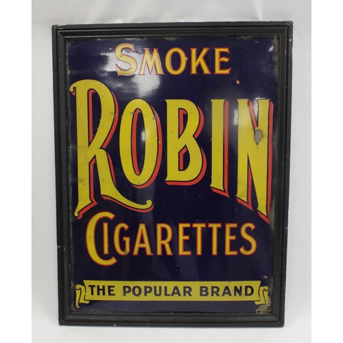 632 - Advertising. Large enamel advertising sign 'Smoke Robin Cigarettes, The Popular Brand', framed, sign... 