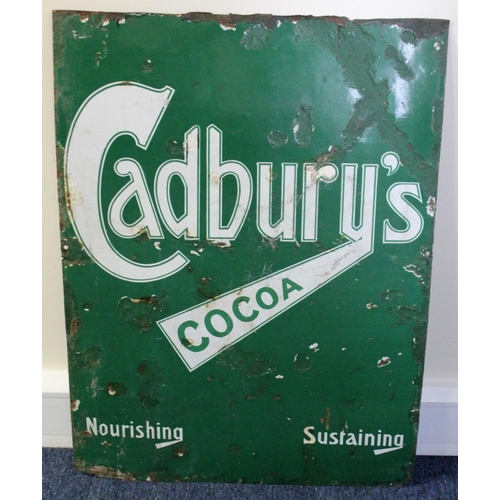 634 - Advertising. Large green enamel advertising sign 'Cadburys Cocoa, Nourishing, Sustaining', 84cm x 61... 