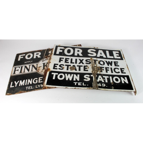 636 - Advertising. Two enamel double-sided 'For Sale' signs, comprising 'Finn-Kelcey, Lyminge near Folkest... 