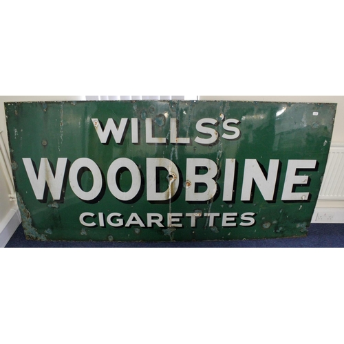 639 - Advertising. Very large green, white & black enamel sign 'Wills's Woodbine Cigarettes', wear, small ... 