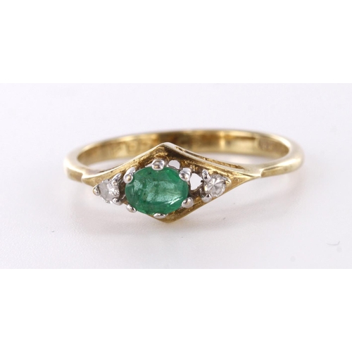 68 - 9ct yellow gold emerald and diamond three stone ring with split shoulders, finger size K, weight 1.5... 