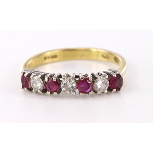 81 - Attractive 18ct yellow gold half eternity ring set with four rubies and three diamonds, total diamon... 