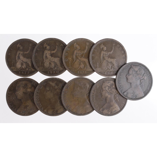 1022 - GB Pennies (9) Queen Victoria 'bun head' bronze 1867-1878 various, mixed grade.