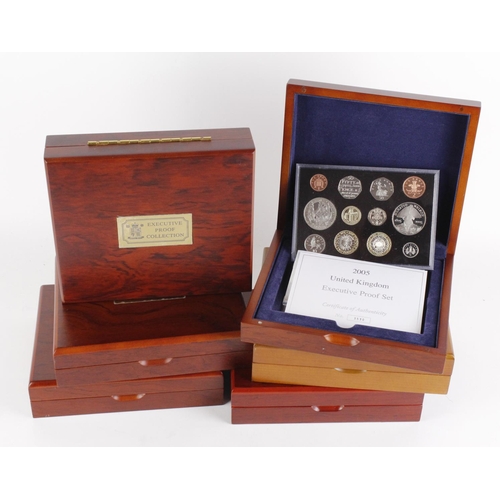 1051 - GB Royal Mint Proof Sets (6) Executive sets (wooden cases): 2004, 2005, 2006, 2007 x2, and 2008; aFD... 