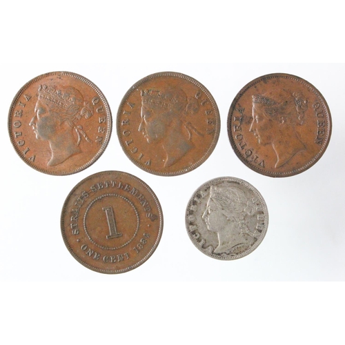 1160 - Straits Settlements (5): EIC One Cent 1845 GVF, Once Cents: 1884 VF, 1891 aVF, 1895 VF-GVF, and silv... 