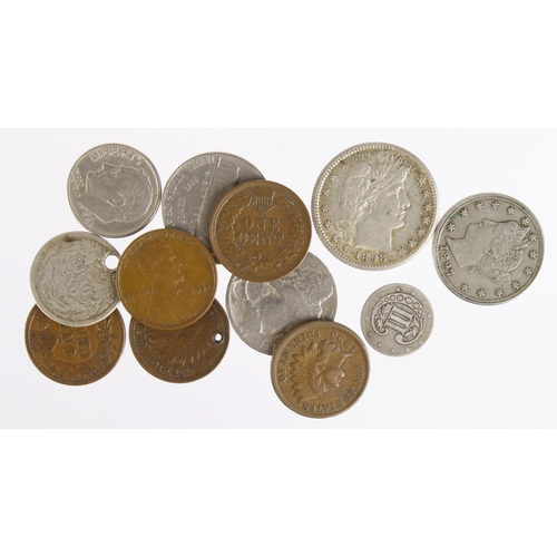 1166 - USA (12) 19th-20thC assortment, noted Indian Head Cent 1882 VF, 1899 VF, 3-Cent 1857 VG, Nickel 5-Ce... 