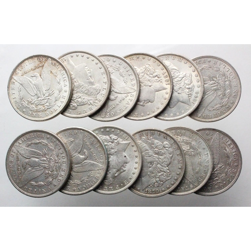 1172 - USA Morgan Silver Dollars (12): 1879 GVF, 1880O EF, 1881O EF, 1883O GEF, 1884O AU tone spot, 1887 EF... 