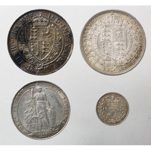 122 - GB Silver (4): Halfcrown 1887 Jubilee GEF, Halfcrown 1897 toned GEF (dark patches rev), Florin 1902 ... 