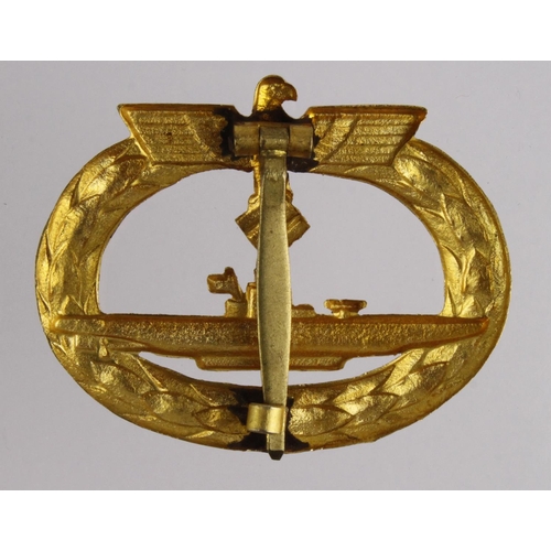 1458 - Badge: German WW2 U-BOAT Crew Member Badge (U-BOATKREIGSABZEICHEN). The badge in gilt metal is in ex... 