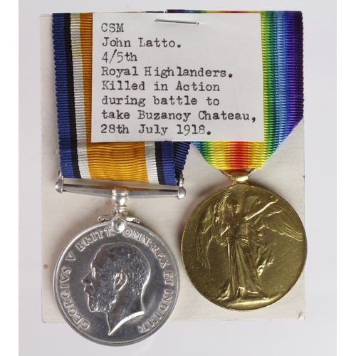 1550 - BWM & Victory Medal to 290450 W.O.CL.2. J Latto R.Highlanders. Killed In Action 28th July 1918 with ... 