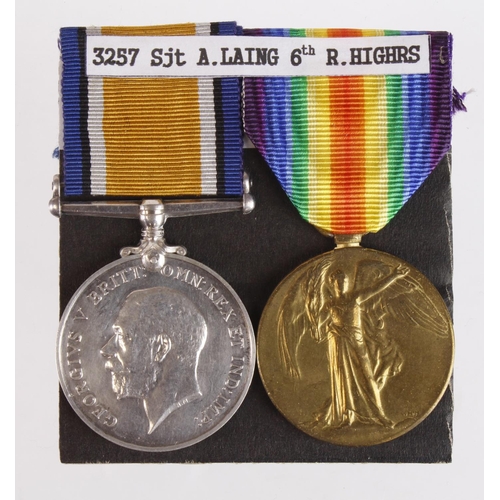 1555 - BWM & Victory Medal to 3257 Sjt A Laing R.Highlanders. Served with 6th Bn. Listed as Wounded in The ... 