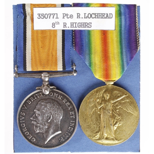 1557 - BWM & Victory Medal to 350771 Pte R Lochhead R.Highlanders. Served with 8th Bn.   (2)