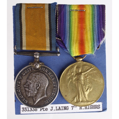 1558 - BWM & Victory Medal to 351338 Pte J Laing R.Highlanders. Served with 1/7th Bn.   (2)