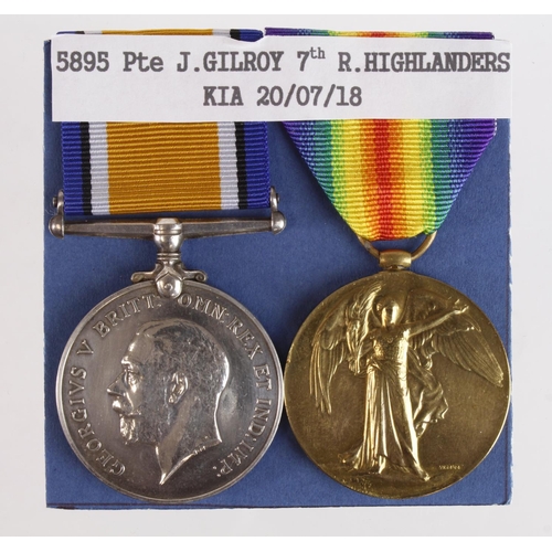 1560 - BWM & Victory Medal to 5895 Pte J Gilroy R.Highlanders. Killed In Action 20th July 1918 with 