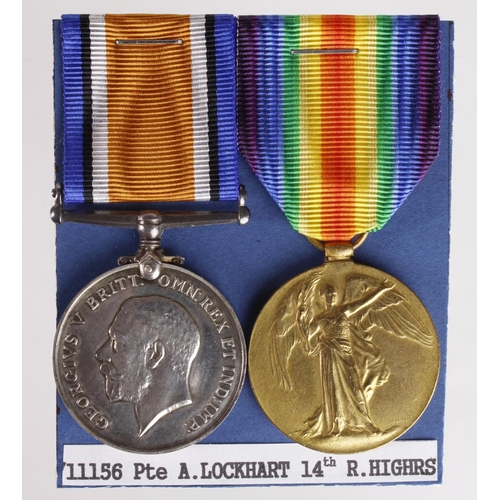 1565 - BWM & Victory Medal to S-11156 Pte A Lockhart R.Highlanders. Served with 1st and 14th Bn's. The Scot... 