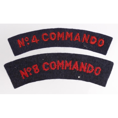 1635 - Cloth Badges: No. 4 Commando and No. 8 Commando WW2 embroidered felt shoulder title badges in excell... 