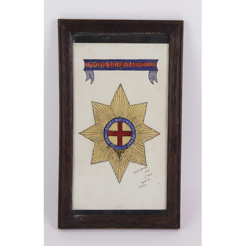 1641 - Coldstream Gds interest a finely painted Coldstream Gds Pouch badge, painted by 18772 Billie Thorpe ... 