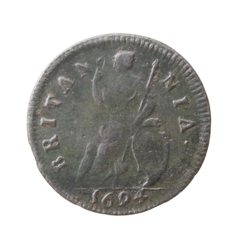 235 - Farthing 1694 single exergue line, Peck 619, rare, dark GF or nVF, ex-Lockdales A160, L1658.