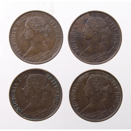 245 - Farthings (4): 1864 no serif EF, 1864 with serif GVF, 1865/2 VF scratches, and 1868 GVF