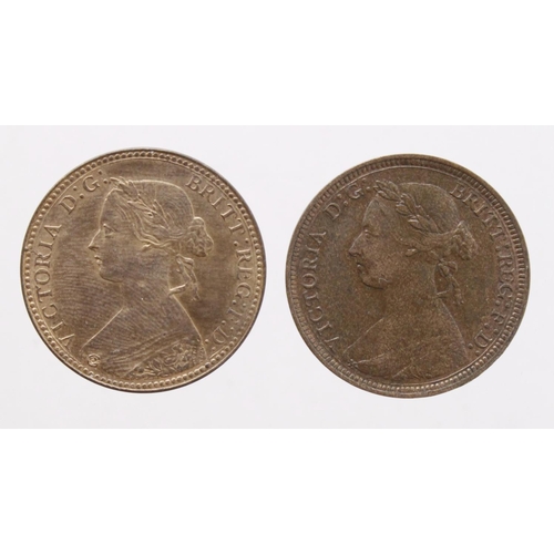 319 - Halfpennies (2): 1860 beaded AU, and 1887 GVF