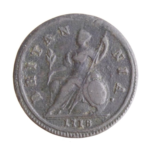 326 - Halfpenny 1718 no stops on obverse, F-GF