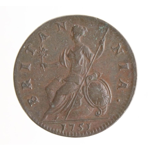 328 - Halfpenny 1751 VF-GVF, small scratch.