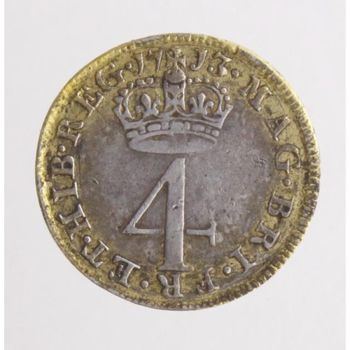 345 - Maundy Fourpence 1713, gilt obverse, possibly ex-mount, VF