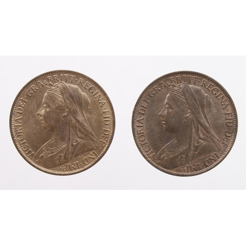 352 - Pennies (2) Queen Victoria veiled head: 1897 and 1901, AU with lustre.