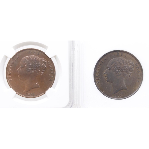 353 - Pennies (2) Victorian young head copper, slabbed: 1853 OT NGC 'AU Details, Surface Hairlines', and 1... 