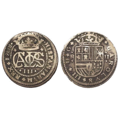 592 - Spain, Catalonia silver 2 Reales 1708 of Charles III 'the Pretender', GF/VF, a tiny bit bent.