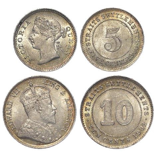 595 - Straits Settlements (2) 5 Cents 1900 EF and 10 Cents 1902 EF, a few carbon spots obv.  Provenance fr... 