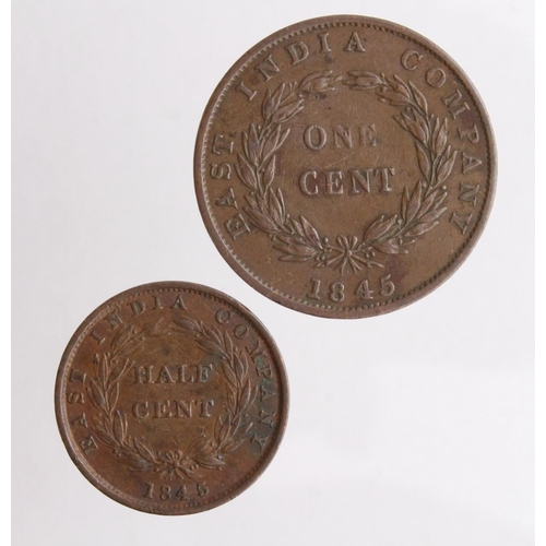 596 - Straits Settlements (2) East India Company copper One Cent 1845 GF/nVF, and Half Cent 1845 VF