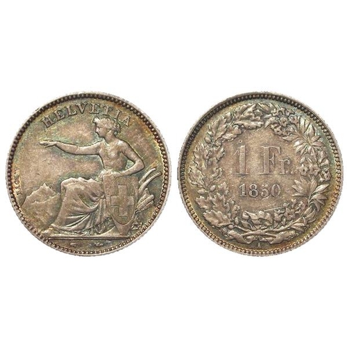 600 - Switzerland silver 1 Franc 1850A, iridescent toned GVF, scarce.