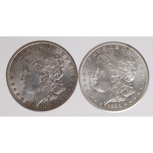 613 - USA Morgan Silver Dollars (2): 1880 lightly toned UNC, and 1881S BU