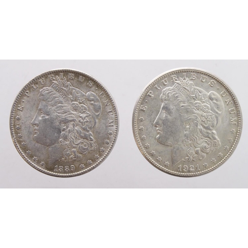 614 - USA Morgan Silver Dollars (2): 1889 EF and 1921S UNC