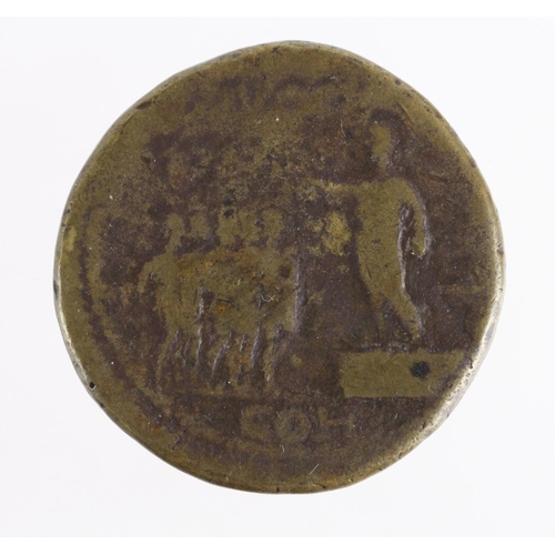 637 - Caligula brass Sestertius, Rome Mint 39-40 AD. Rev: Caligula standing left on platform, addressing f... 