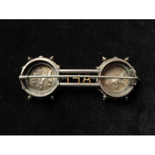 649 - Coin Brooch: 19th or early 20thC cloak clasp brooch containing two genuine Roman Republican silver D... 