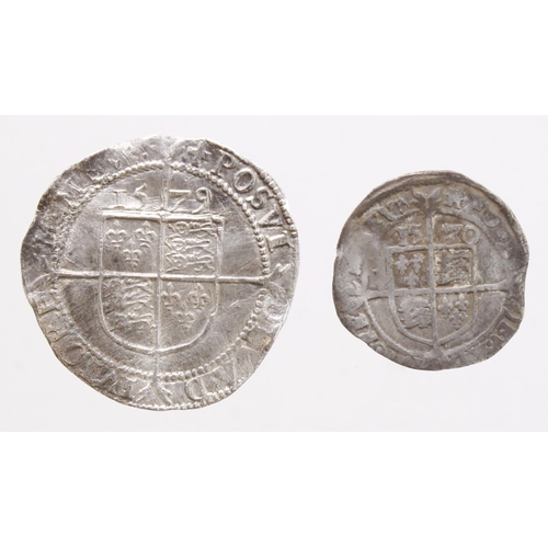 655 - Elizabeth I (2): Sixpence 1579 mm.Greek Cross creased F/GF, and Threepence 1570 mm. Castle, Fine, ol... 