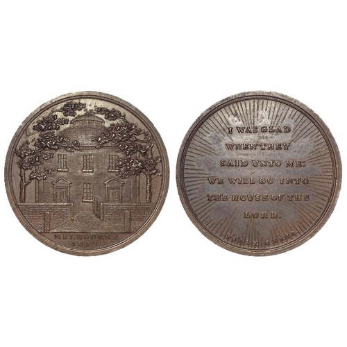 745 - British Commemorative Medal, bronze d.30mm: Obv: 'MELBOURNE, 1815' beneath image of a meeting house(... 