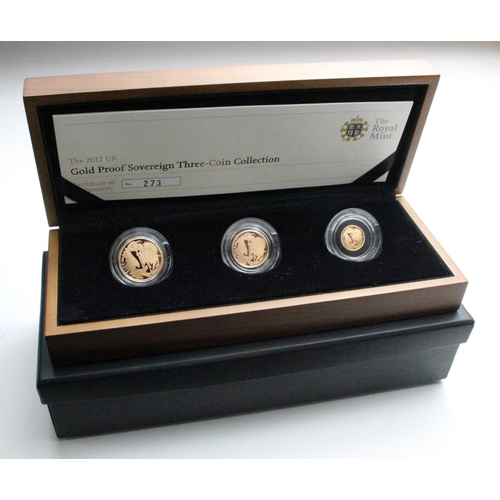 76 - Three Coin Set 2012 (Sovereign, Half Sovereign & Quarter Sovereign) Proof FDC boxed as issued