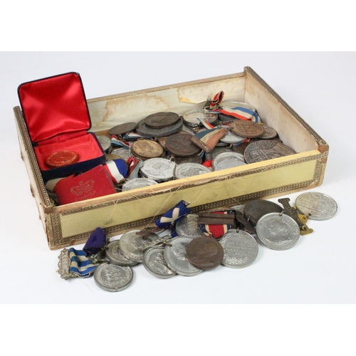 760 - British Commemorative Medals, a wooden tray full of items, 19th-20thC.